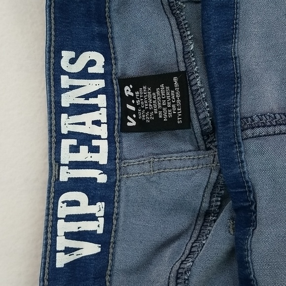 Size 15/16 V.I.P. Jeans Distressed Blue Removable Strap UNISEX Overalls - Picture 12 of 15